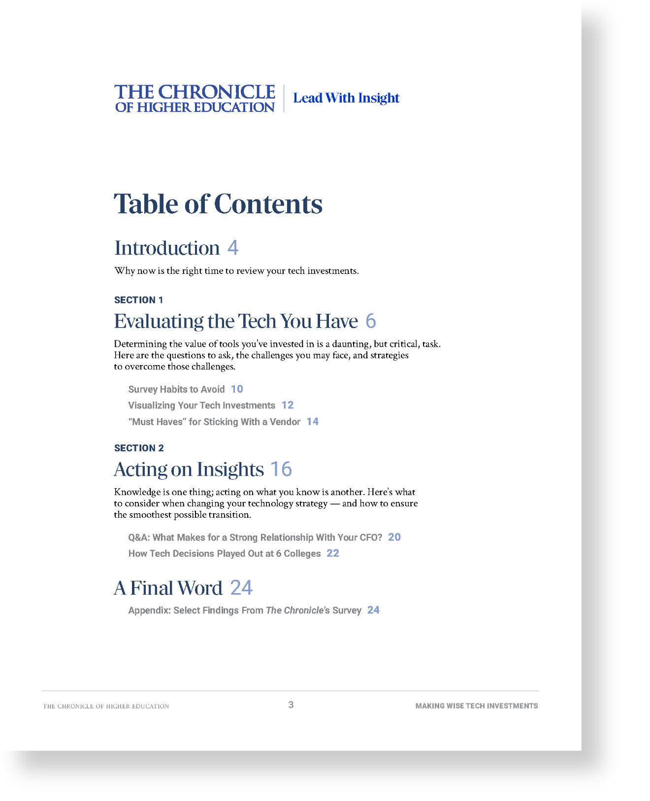 The Chronicle of Higher Education: Making Wise Tech Investments Table of Contents