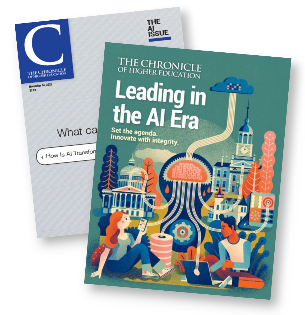 Bundled image of two covers: The AI Issue and Leading in the AI Era