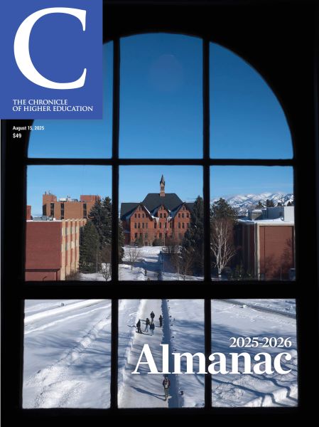 The Chronicle of Higher Education: The 2025-2026 Almanac - cover photo of a view out of a upper story window, looking down at a snow-covered quad with students walking to and from class.