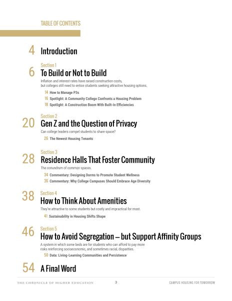 Table of Content for the Campus Housing for Tomorrow Report
