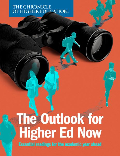 Chronicle Collection: The Outlook for Higher Ed Now - funky image of neon teal students walking around a huge set of binoculars on an orange background