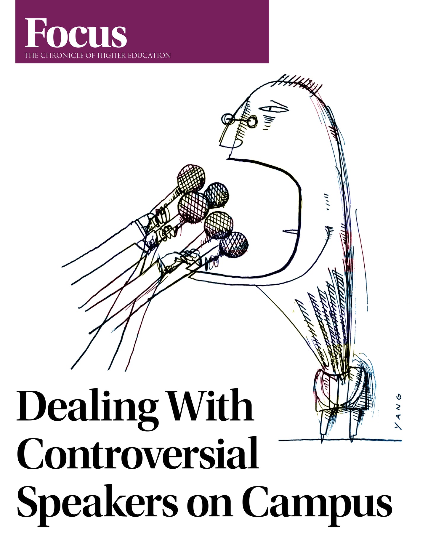 Dealing With Controversial Speakers on Campus - Cover image of a sketch of a man talking into microphones.
