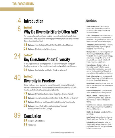 Table of contents with an introduction, three section headers, a conclusion and contributors.