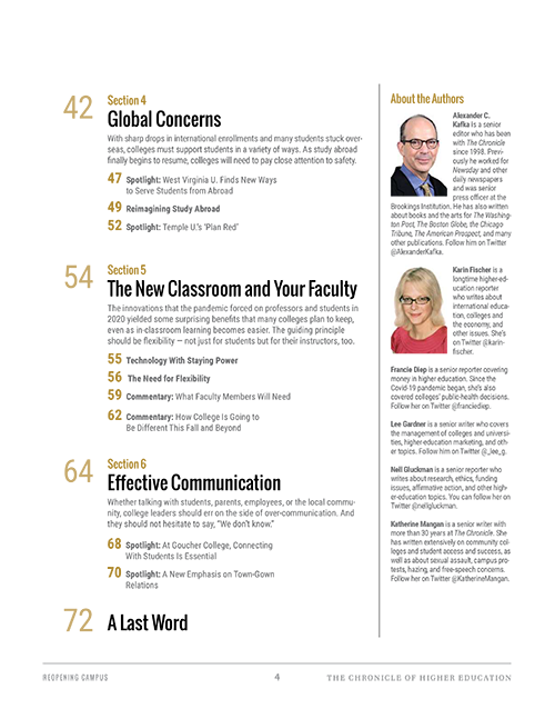Table of Contents continued with three section headers, a conclusion and author backgrounds.