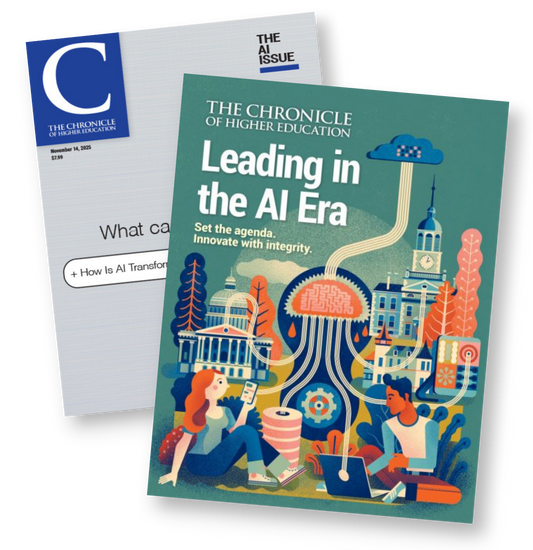 Bundled image of two covers: The AI Issue and Leading in the AI Era