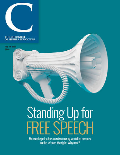 Chronicle Issue May 12, 2023 - Standing Up for FREE SPEECH - A white speakerphone against a teal backdrop.