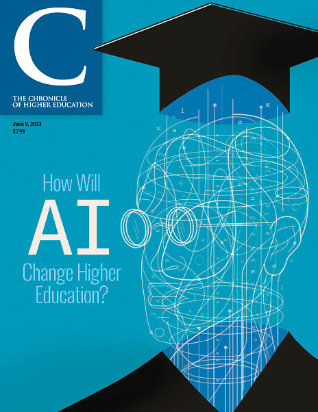 Chronicle Issue, June 9 2023 - How Will AI Change Higher Education? - A human head made of wires with a graduation hat against a blue backdrop.