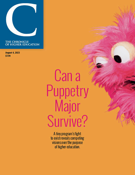 Chronicle Issue, August 4 2023 - Can a Puppetry Major Survive? - A pink puppet against a yellow background.