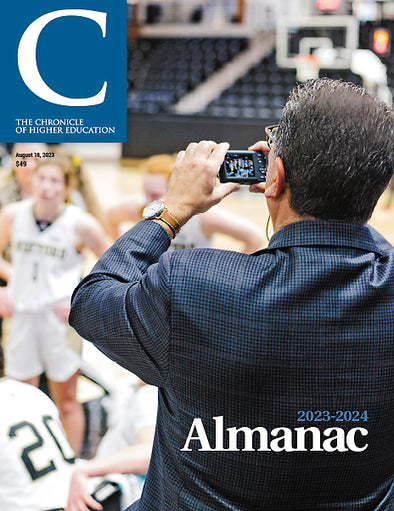 The Almanac of Higher Education, 2023 - Chronicle Issue: August 19, 2023 - A sports coach capturing a photo of the players.