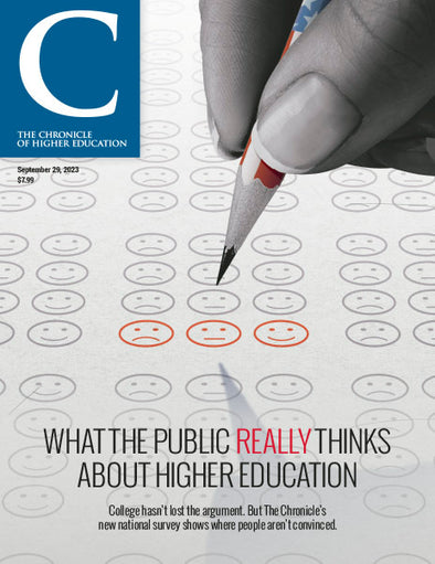Chronicle Issue, September 29, 2023 - What The Public Really Thinks About Higher Education - A hand with a pencil drawing emoji faces on a surface with a range of emotions.