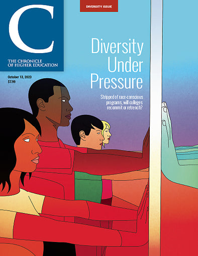 Chronicle Issue, October 13, 2023 - Diversity Under Pressure - A group of diverse individuals pressing against a slab with someone else pressing on the other side of the slab.