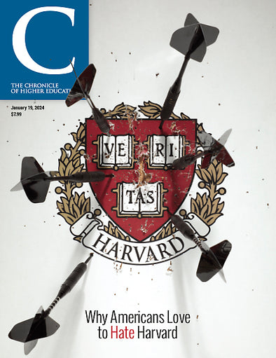 January 19, 2024 Issue: Why Americans Love to Hate Harvard - image of the Harvard coat of arms being used as a dart board