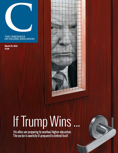March 29, 2024 Issue: If Trump Wins... - A realistic digital painting of a classic school room door with a black and white portrait of Donald Trump scowling in the window.
