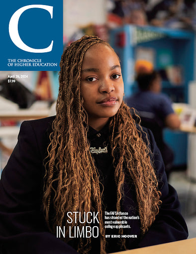 A photograph of a young woman of color looking directly into the camera, while seated in a classroom. She looks unamused. At the bottom of the image is the title of the report. "Stuck In Limbo. The FAFSA fiasco has stranded the nations most vulnerable college applicants."  In the top left corner is the chronicle logo.