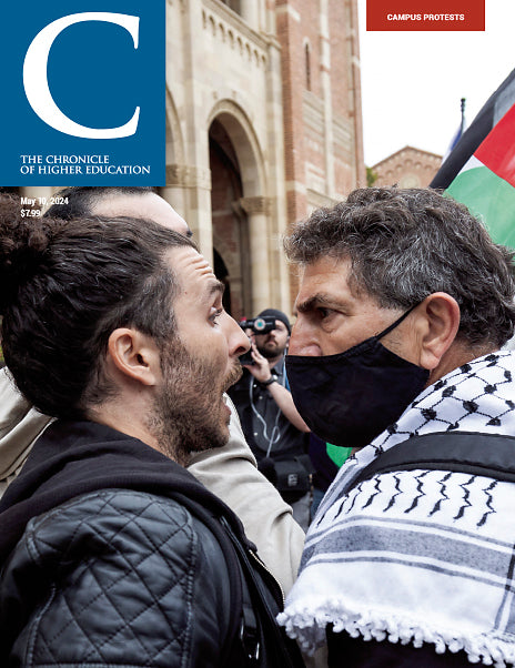 A photo of two protestors staring each other down while one yells. The protestor on the right is wearing a face mask and has a Palestinian flag flying behind him. They are part of a larger crowd. In the top right corner there is a red box with white text that says "Campus Clashes."  In the top left corner is the big C logo for The Chronicle of Higher Education.