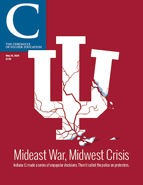 A graphic design featuring the Indiana University Bloomington logo crumbling. Along the bottom is the issue title "Mideast War, Midwest Crisis."