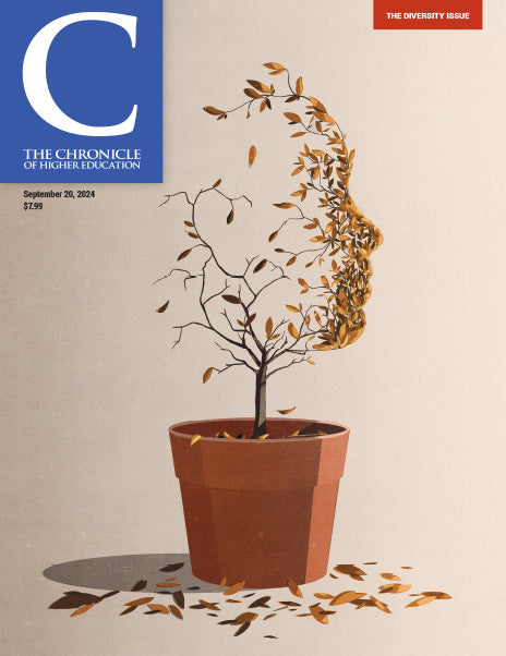 The Chronicle of Higher Education - The Diversity Issue - September 20, 2024 - Image of a plant with brown leaves falling off in a way that makes a side profile of a face