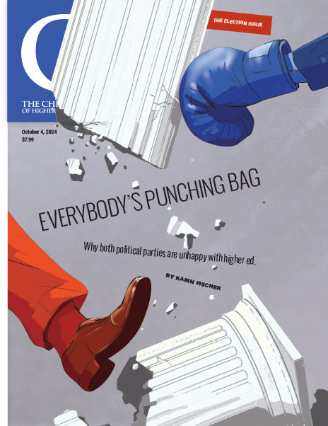 The Election Issue - October 4, 2024: Everybody's Punching Bag - image of a blue boxer glove and red shoe knocking over a stone pillar