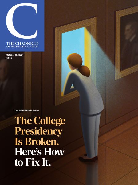 The Leadership Issue: October 18, 2024 - image of a college president looking out of a window made out of a portrait on the wall