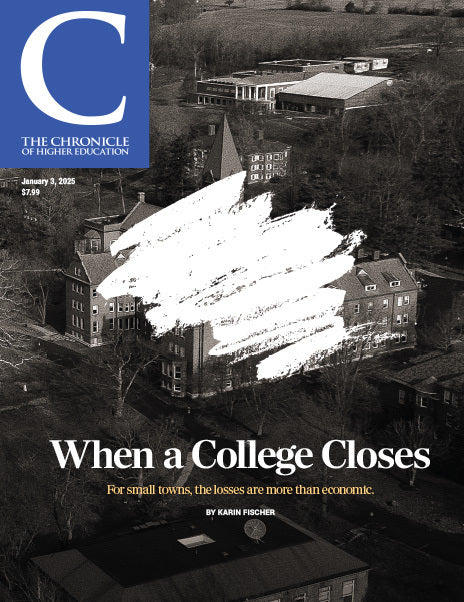 The Chronicle of Higher Education January 3, 2025 Issue: When a College Closes - black and white photo of a college building that has been scratched out