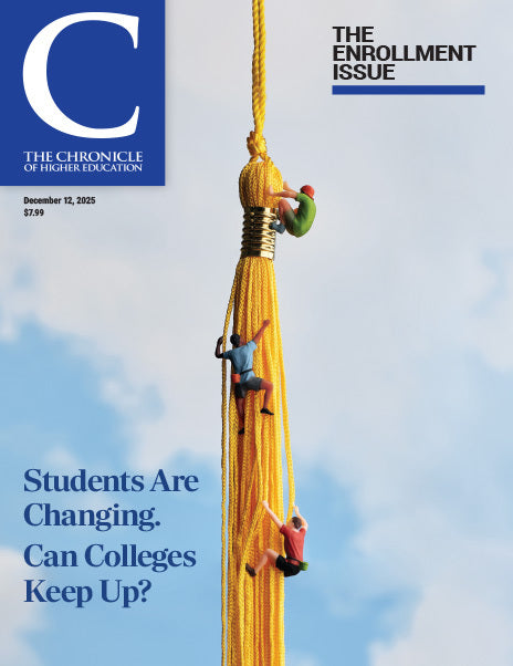 The Enrollment Issue: Students Are Changing. Can Colleges Keep Up? - December 12, 2025 - cover image of a graduate cap's tassel with little figurines, representing students, climbing it as if it was a mountain cliff.
