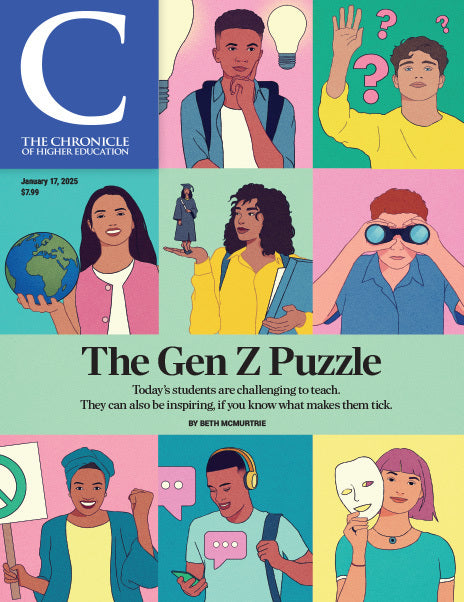 Chronicle of Higher Education January 17, 2025 Issue: The Gen Z Puzzle - cover art of 8 boxes with a diverse Gen Z student in each.