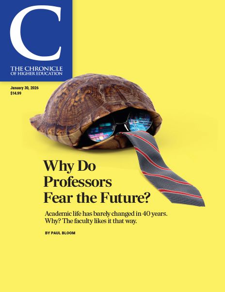 The Chronicle of Higher Education January 30, 2026 Issue: Why Do Professors Fear the Future? - image of a turtle shell with a tie and glass on a bright yellow background