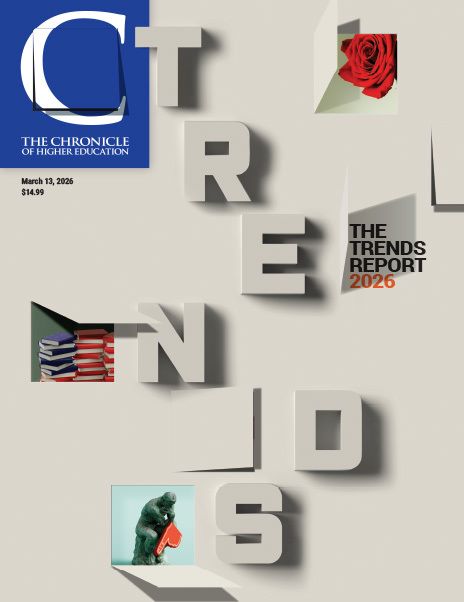 The Chronicle of Higher Education Trends Report 2026 - cover image of a white background with a handful of flaps opening to reveal little windows that display inside articles
