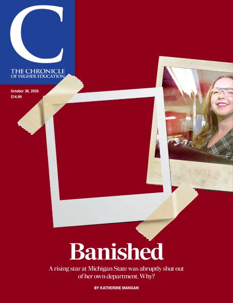 The Chronicle of Higher Education October 30, 2026 Issue: Banished - red cover with an empty polaroid taped with the actual photo of Selvan Demir to the right side, cut off. 