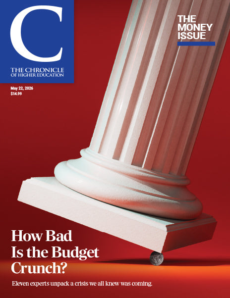 The Money Issue of The Chronicle of Higher Education: How Bad Is the Budget Crunch? - cover image of a white pillar balancing on a circular rock on a red background