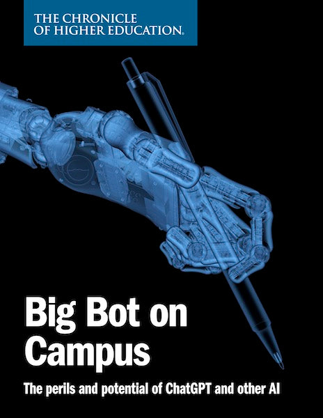 Chronicle Collection - Big Bot on Campus - The perils and potential of ChatGPT and other AI - a blue robotic hand against a black backdrop.