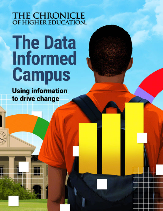 The Data Informed Campus: Using Information to Drive Change - image of a student walking on campus with a backpack full of graphs with charts around