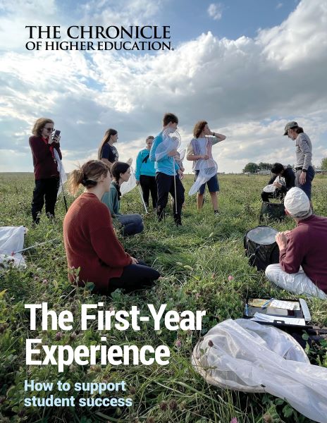 The First-Year Experience: How to support student success - photo of a group of freshman gathered in a field working on a science activity