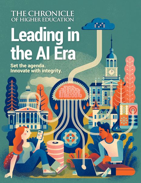 Leading in the AI Era: Set the agenda and innovate with integrity - Cover illustration of two students, one with a phone and one with a laptop, connected to a larger tech cloud, which also connects to other buildings on campus.