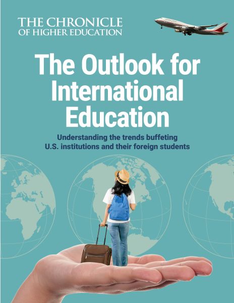 The Outlook for International Education: Understanding the trends buffeting U.S. institutions and their foreign students - cover image of a student with a suitcase in the palm of a large hand, with a background of three globes and an airplane