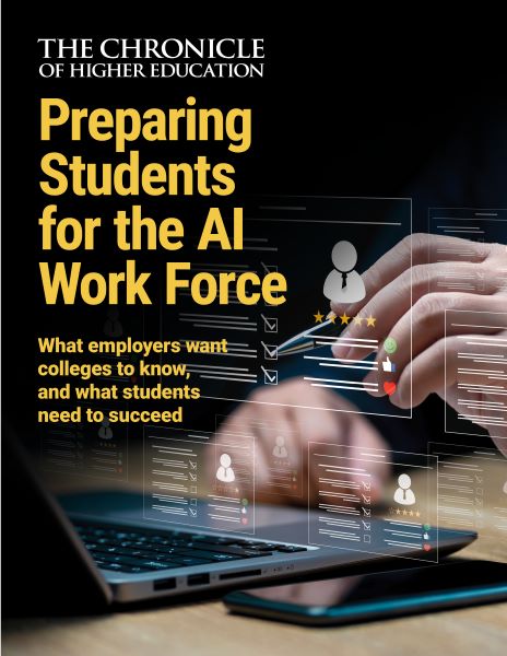 Preparing Students for the AI Work Force: What employers want colleges to know, and what students need to succeed - image of hands at a laptop with a phone next to it; tech graphics floating on top. 