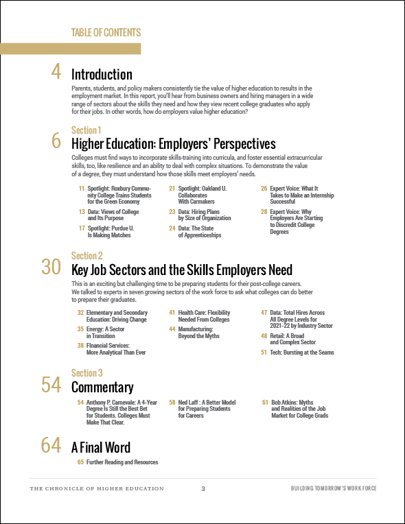 Building Tomorrow's Workforce, Table of contents detailing the topics covered in the report.