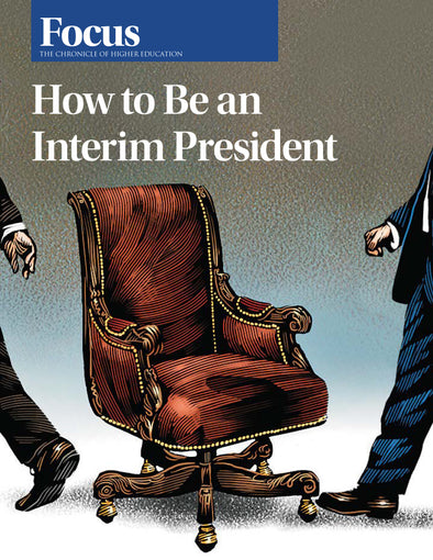 How to Be an Interim President - Cover image of a man leaving a chair as another man walks to it.