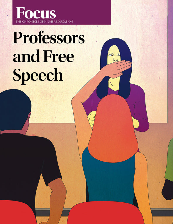 Professors and Free Speech- Cover image of a student with her hand over the professors mouth.