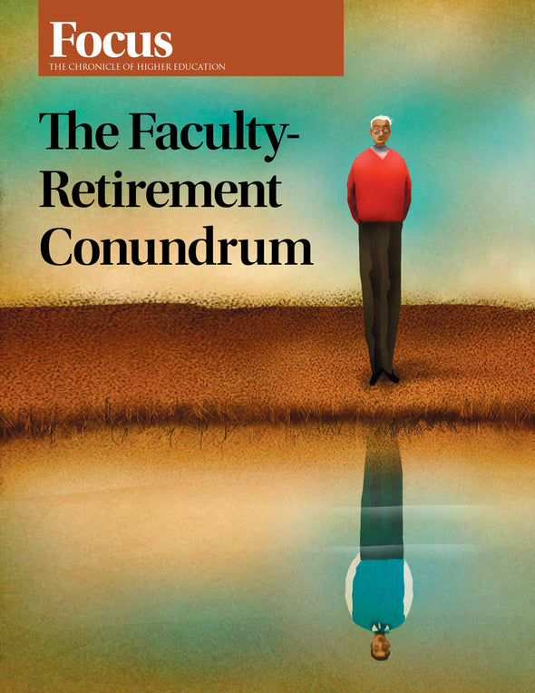 The Faculty Retirement Conundrum - Cover image of a man looking at a reflection of his younger self in the lake.