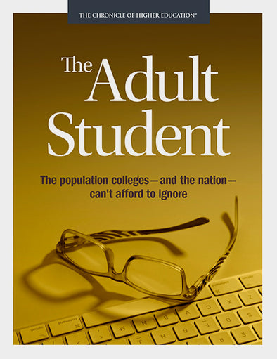 The Adult Student- Cover image of a yellow backdrop, a pair of glasses and a key board.