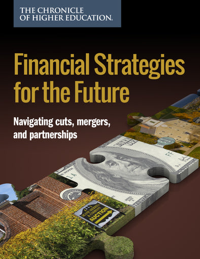 Financial Strategies for the Future: Navigating cuts, mergers, and partnerships - Cover image shows multiple puzzle pieces connected with different aspects of college finances on them.