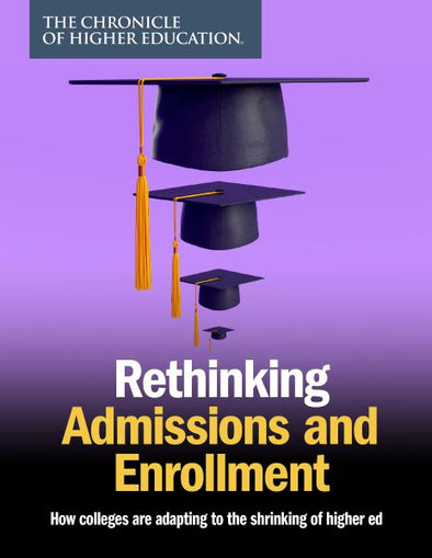 Rethinking Admissions and Enrollment Cover - Cascading graduation caps in a purple background