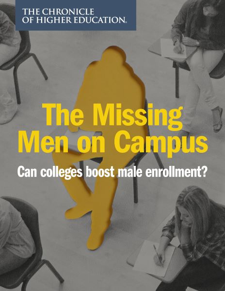 The Missing Men on Campus. Can colleges boost male enrollment ? Cover image of a silhouette of a missing man in class.