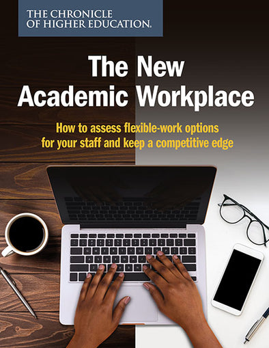 The New Academic Workplace: How to assess flexible-work options for your staff and keep a competitive edge- A computer and other typical office items in between a wooden background and a white background.