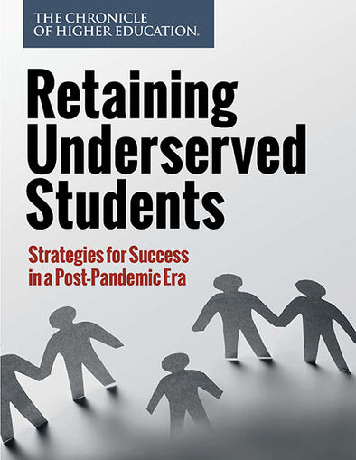 Retaining Underserved Students: Strategies for Success in a Post-Pandemic Era- Figures in a circle with a gap around a singular figure.